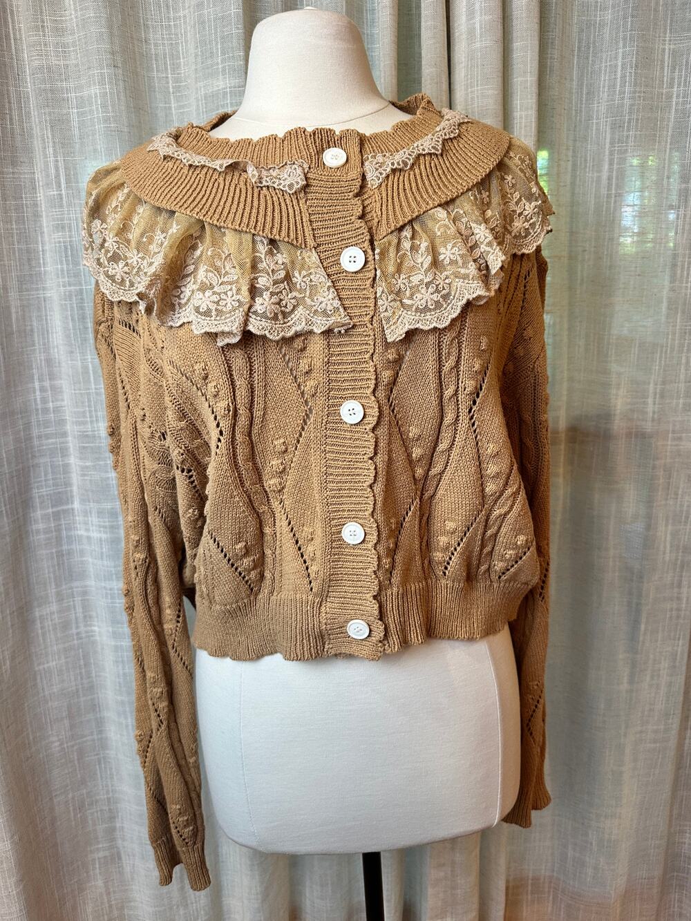 So Me Lace Ruffle Cable Knit Cardigan Tan Women's Large Boho Cottagecore